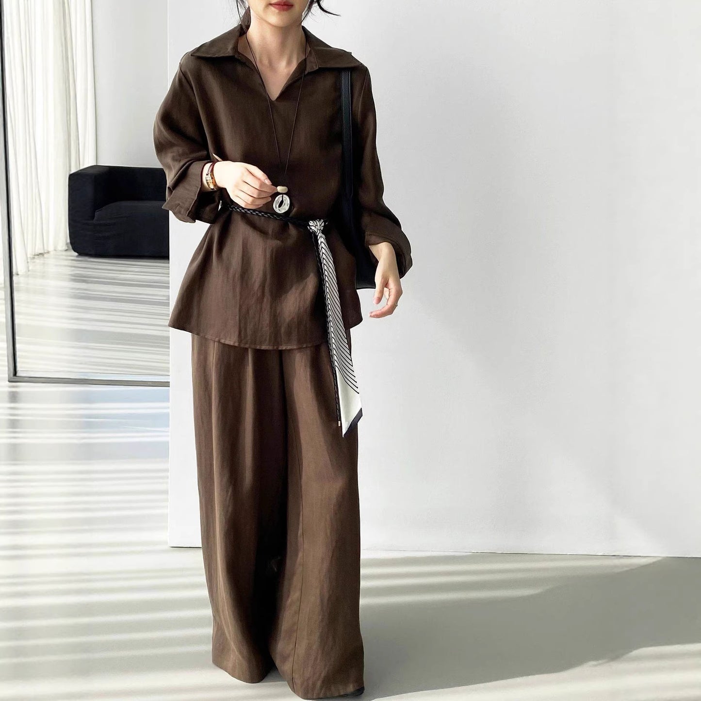 Women's Casual Shirt And Elastic-Waist Wide-Leg Pants Two-Piece Set