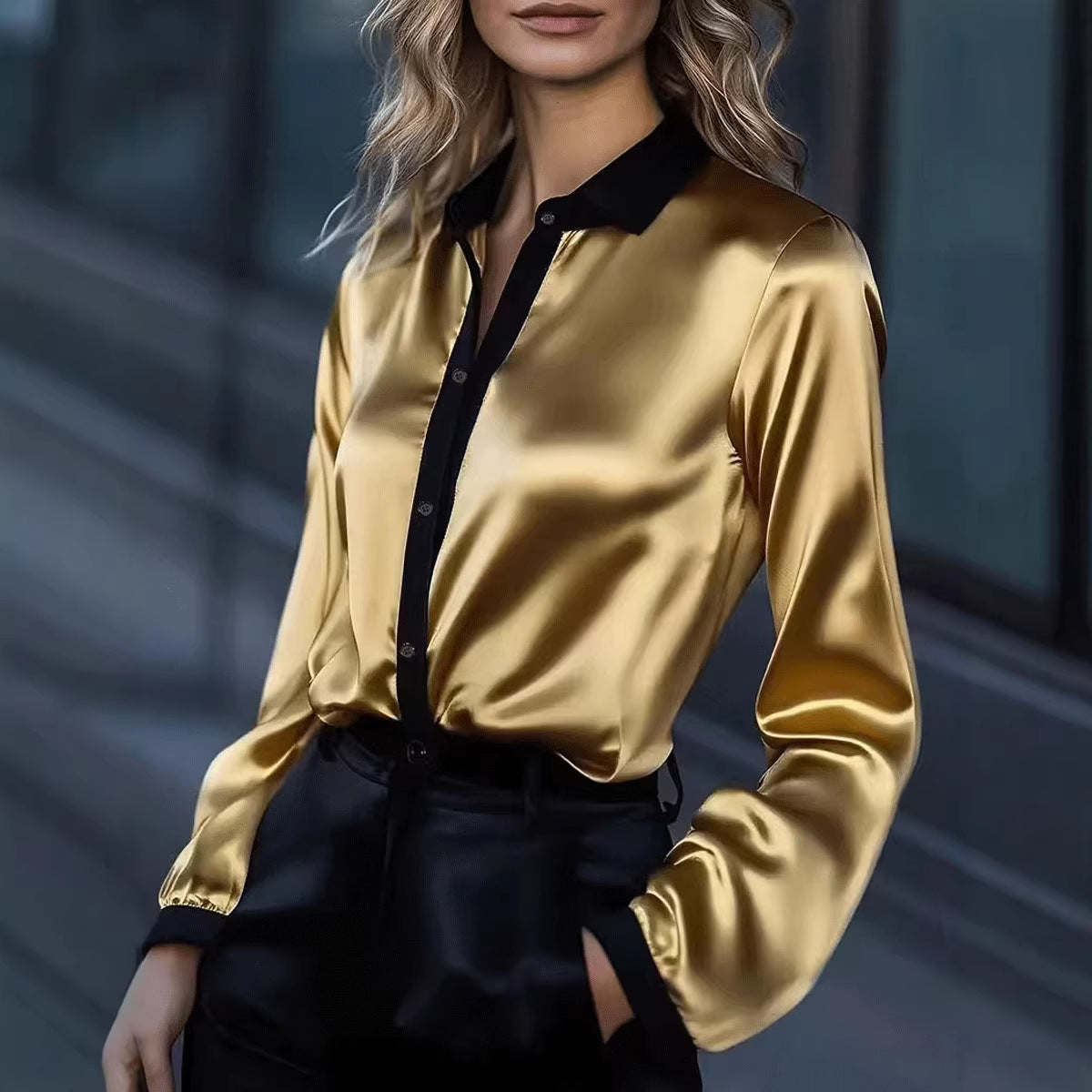 Women's Satin Color-Block Long-Sleeve Shirt Top