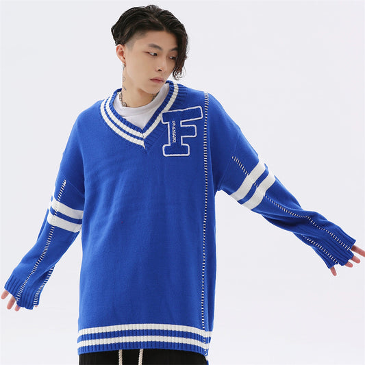 Colorblock strikket pullover med broderet V-hals og personlighed til mænd