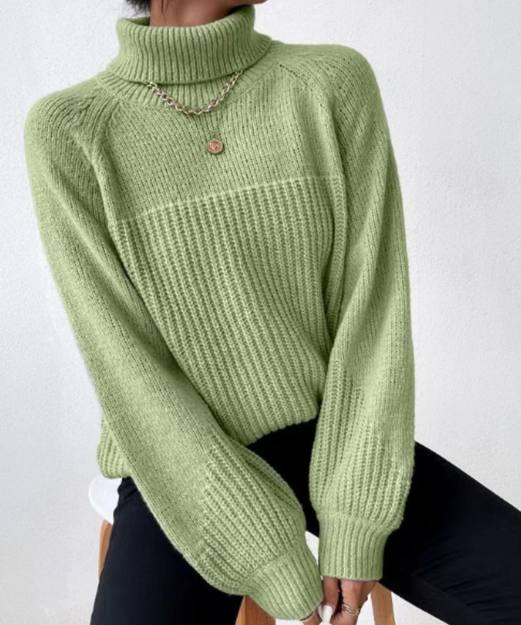 Simple Lapel Raglan Sleeves Pullover Knitted Sweater Women