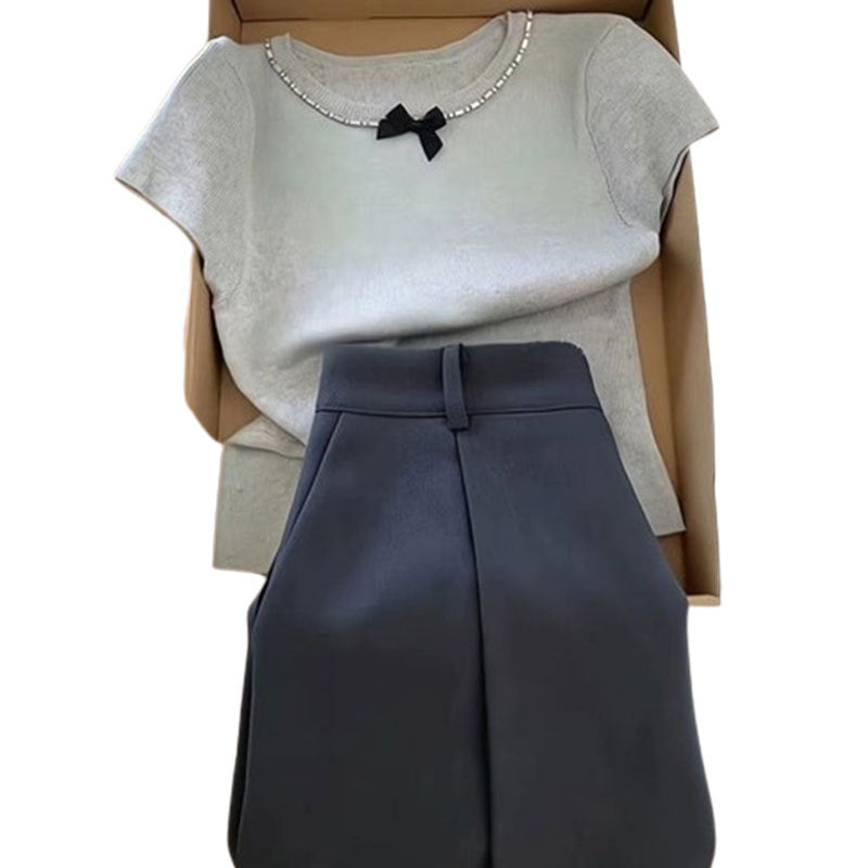 New Minimalist Short-sleeve Top And High-waisted Versatile Skirt Two-piece Set