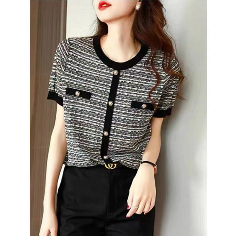 Ice Silk Knitted Top Classic Style Short-sleeved T-shirt Female Round Neck Fashion Loose Temperament Striped