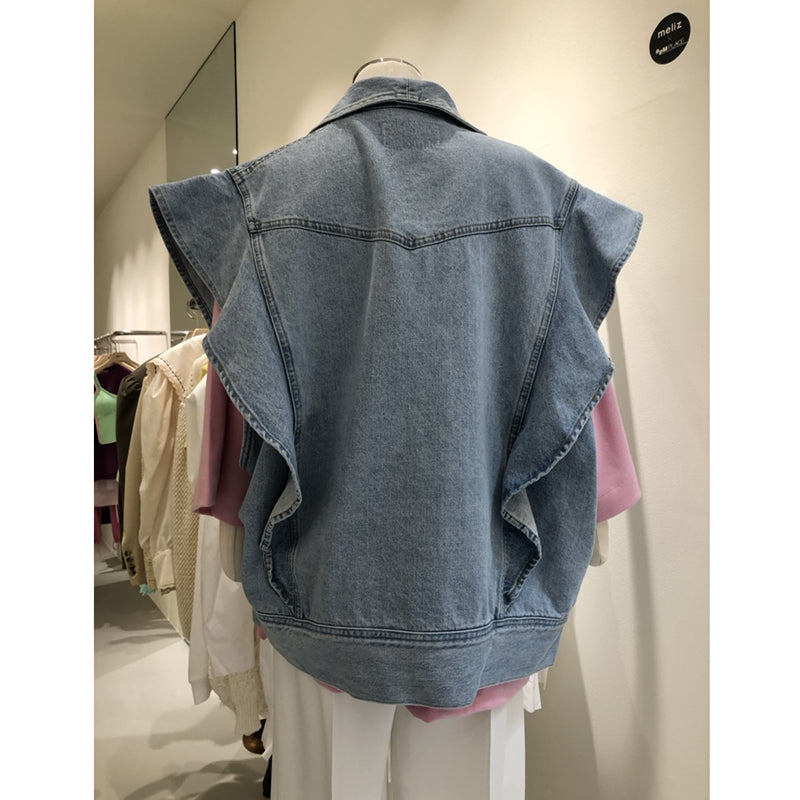 Summer Retro Niche Lapel Ruffled Loose Wild Washed Blue Denim Waistcoat