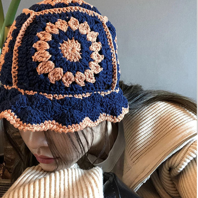 Vintage Knitted Fisherman Hat Woven Hollow Breathable Flowers