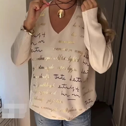 Solid-color Printed Letter Long-sleeve Top For Women