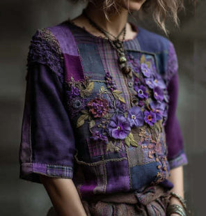Vintage Bohemian Floral Patchwork Linen T-shirt