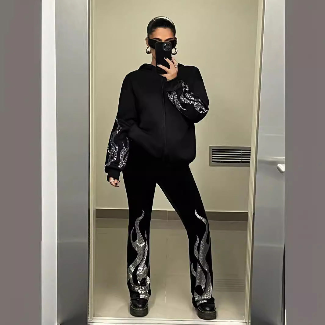 Street Trend Flame Rhinestone Løs Hættetrøje Med Lynlås