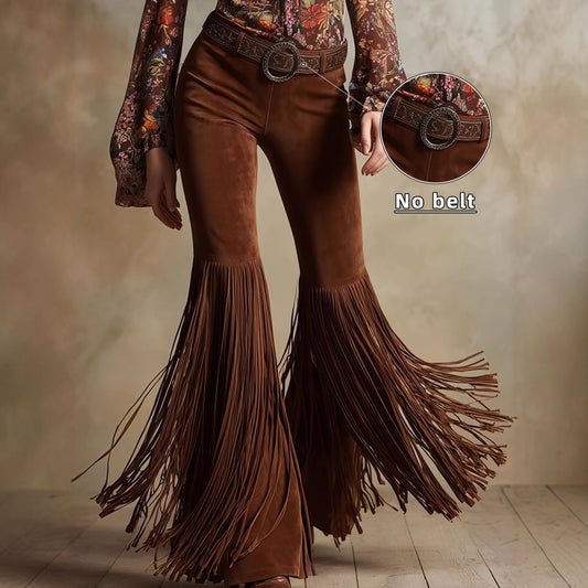 Womens Retro Western Fringe New Suede-Look Pants