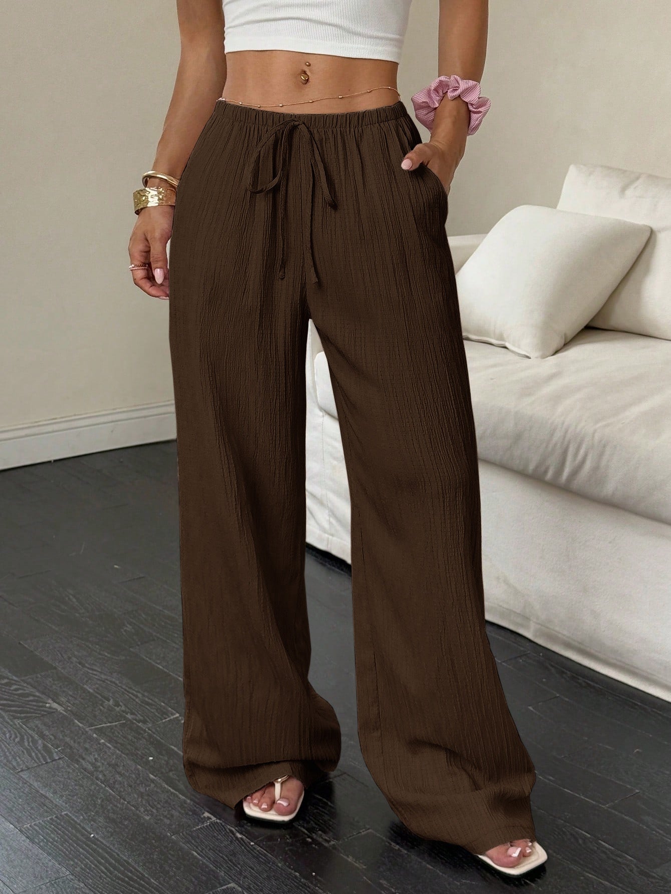 Flirla Women's Casual Versatile Solid Color Wide Leg Pants