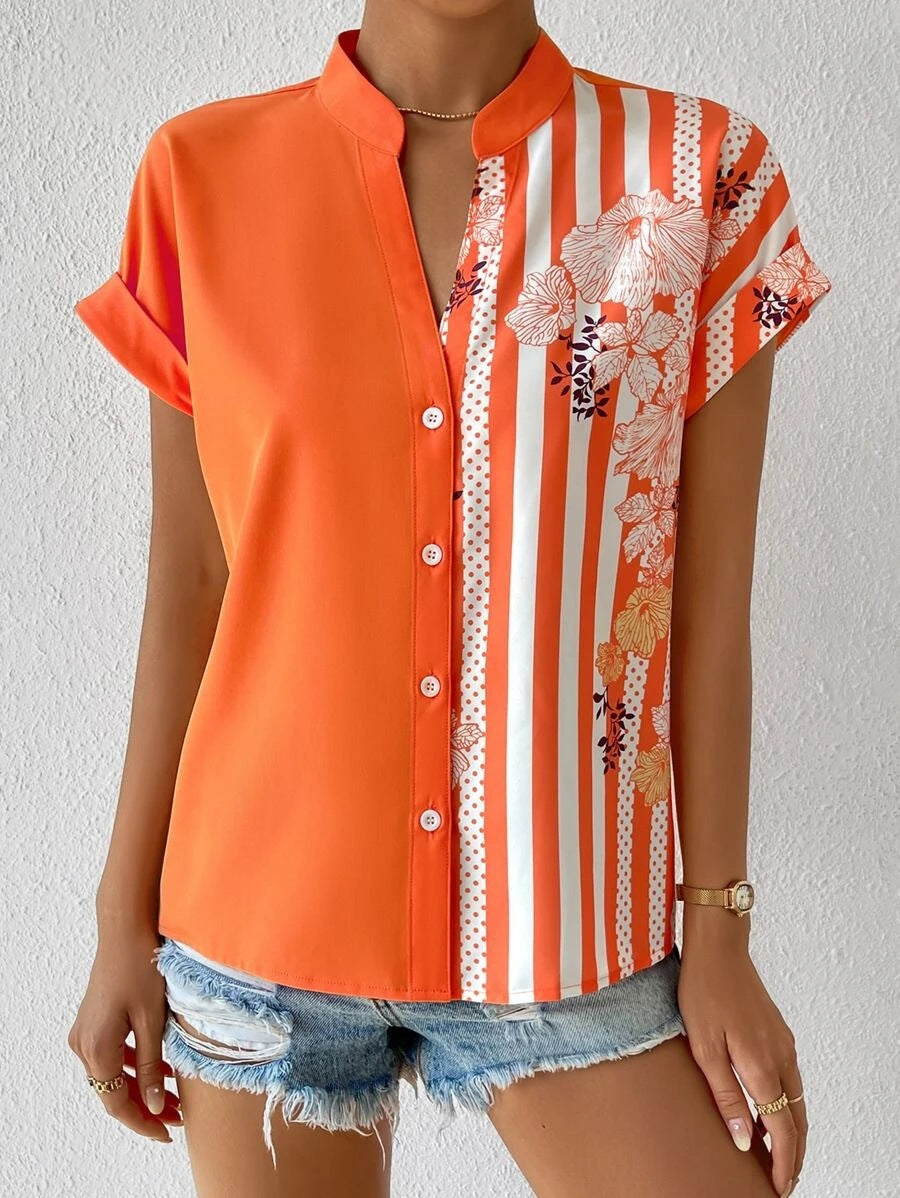 Double Contrast Color Floral Button Cardigan Short Sleeve Shirt