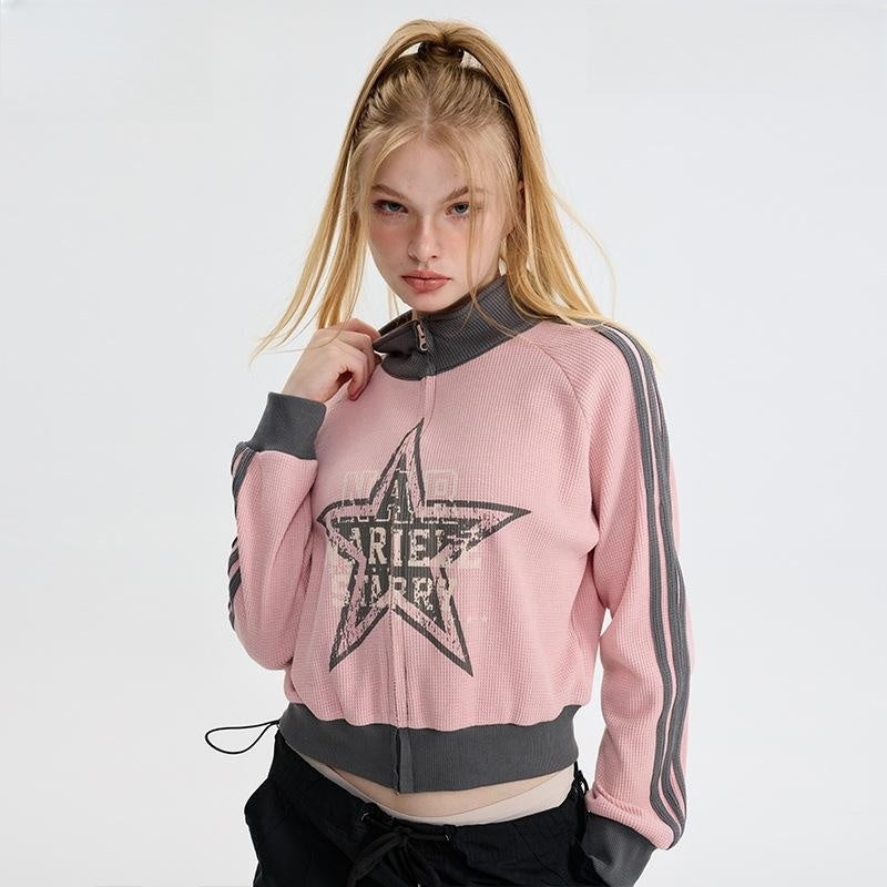 Five-pointed Star Pink American Retro Three-bar Sleeve Cardigan Stand Collar Sweater