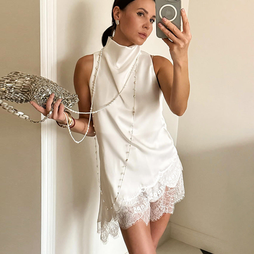 Fashionable Sexy Lace Halterneck Tank Top And Straight Skirt Short Skirt Set
