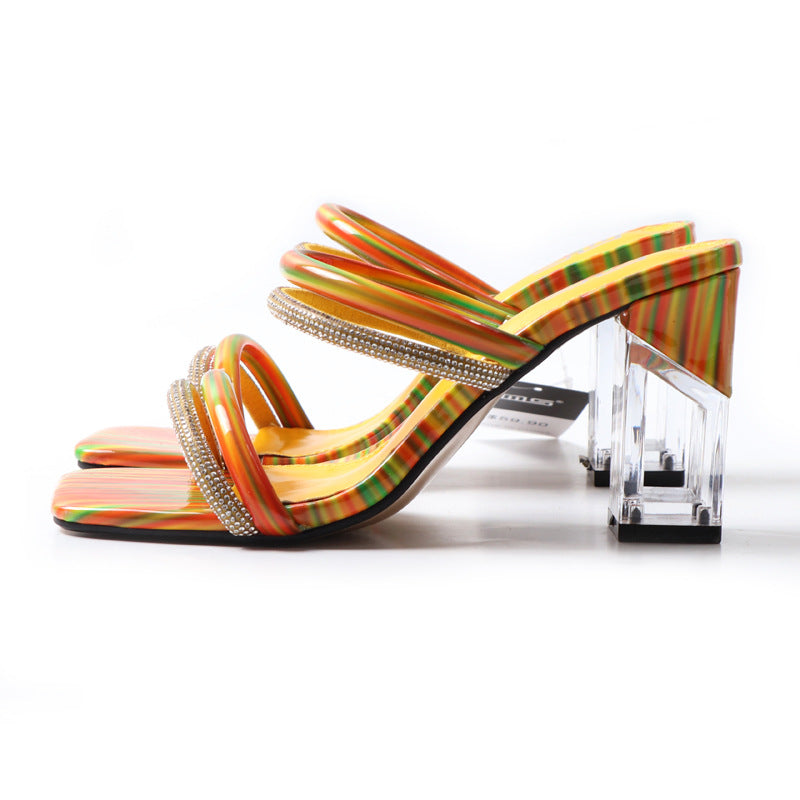 One Line Sandals And Slippers Crystal High Heeled Large Size Comfortable Sandals