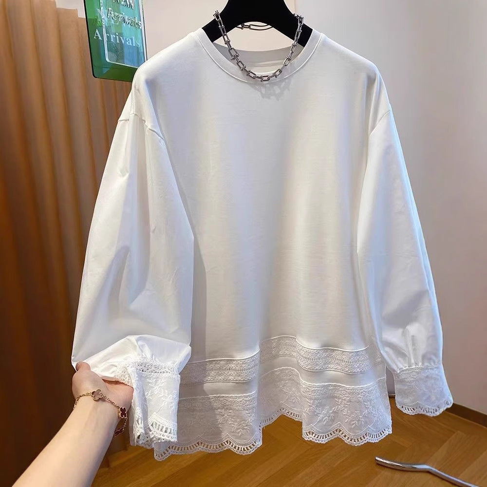 White Lace Patchwork Puff Sleeve Long Sleeve Women's Spring