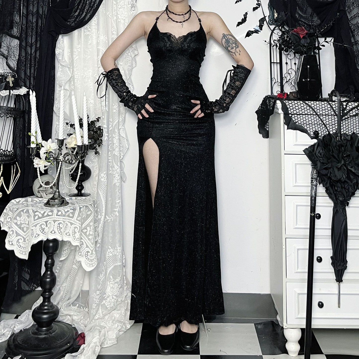 Dark-style Subculture High-slit Halter Maxi Dress