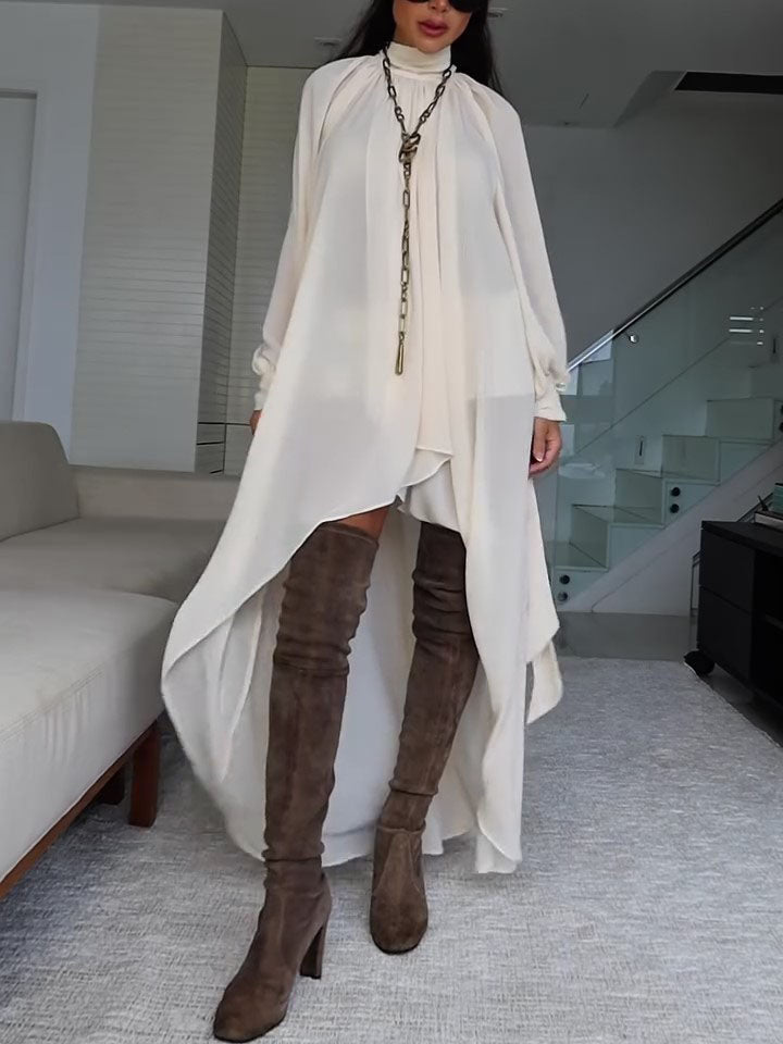 Ivory Turtleneck Asymmetric High-Low Cape Maxi Dress