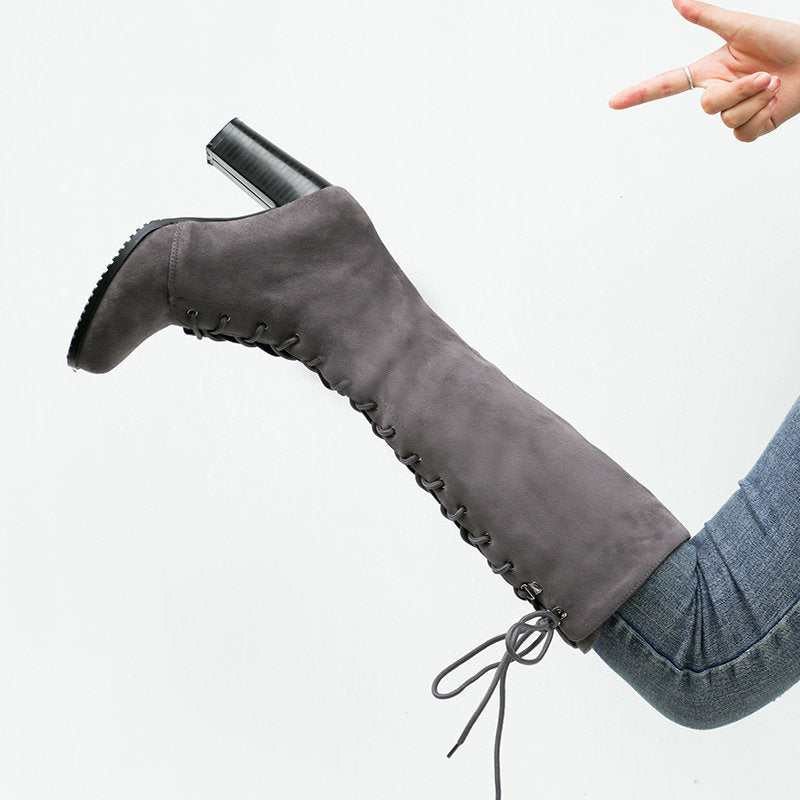 Women's High Boots Foreign Trade Thick High Heel Winter New European And American Women's Boots Front Lace Handsome Suede Knight Boots Motorcycle Boots