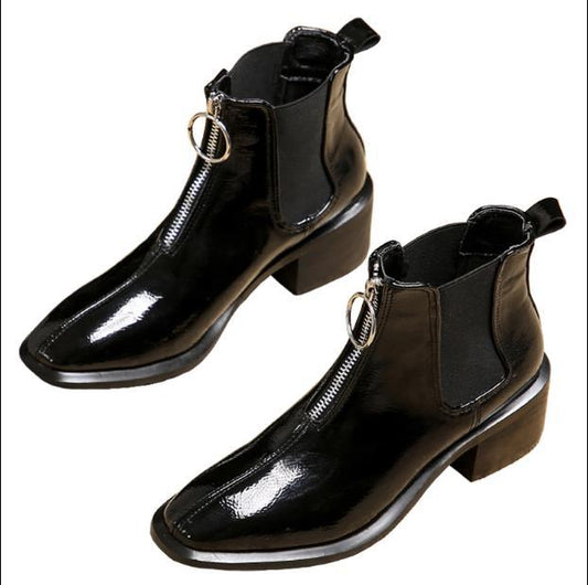 Women's Mid-heel Round-toe Zipper Patent Leather Thick-heel Martin Boots