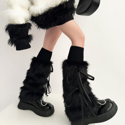 New Year Autumn And Winter Warm Lace-up Fur Leg Warmer Mid-calf