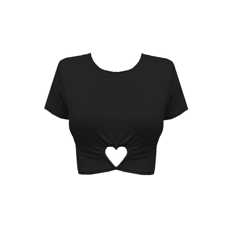 Crew Neck Skinny Short Sleeves Heart Ring Gathering