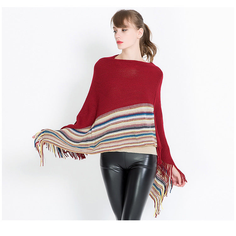Warp-knitted Color Block Jacquard Striped Pullover Shawl