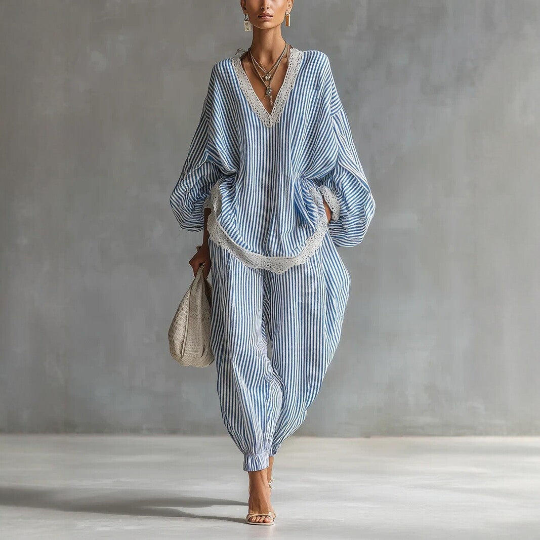 Blue And White Striped Lace-trimmed Loose Set For Women