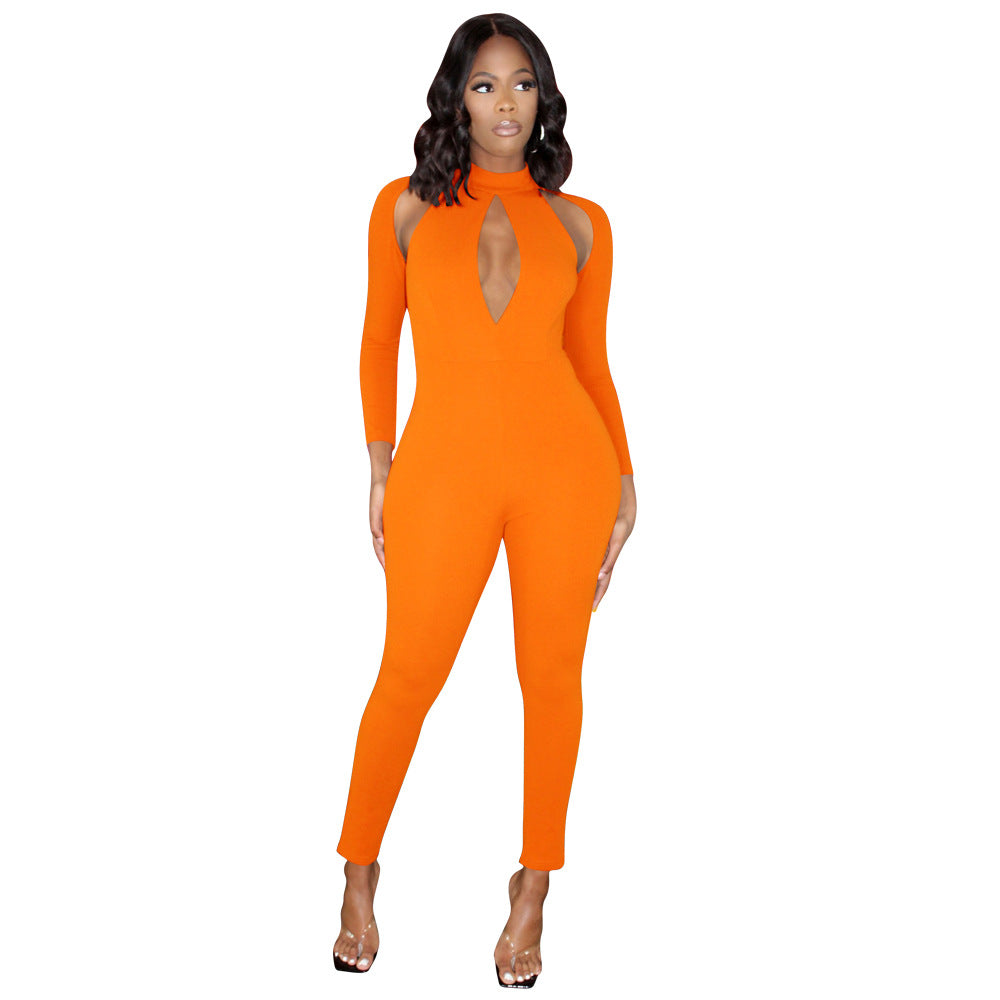Women's Solid Color Long-sleeved Invisible Cut-out Jumpsuit
