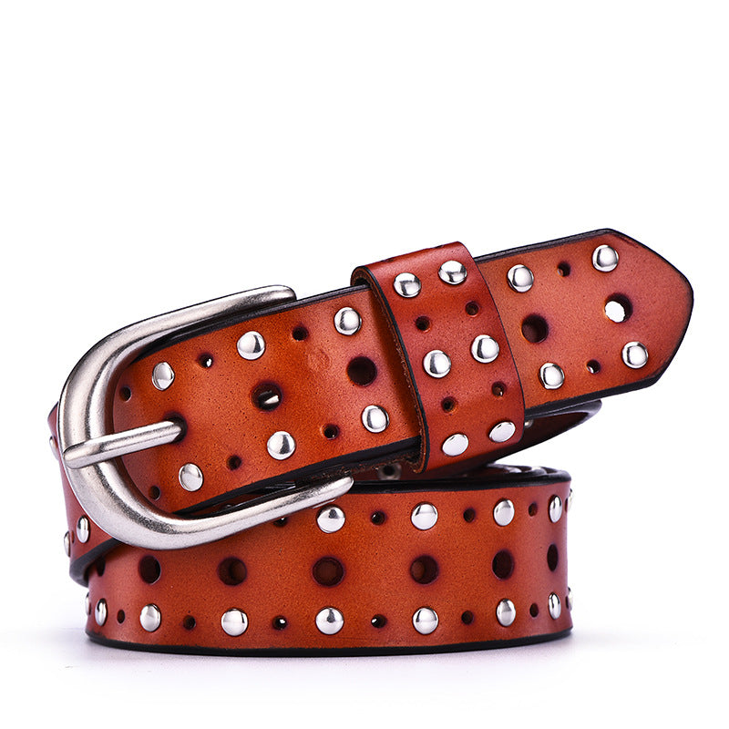 Women's Real Cowhide Trousers Belt With Punk Rivets European And American Style
