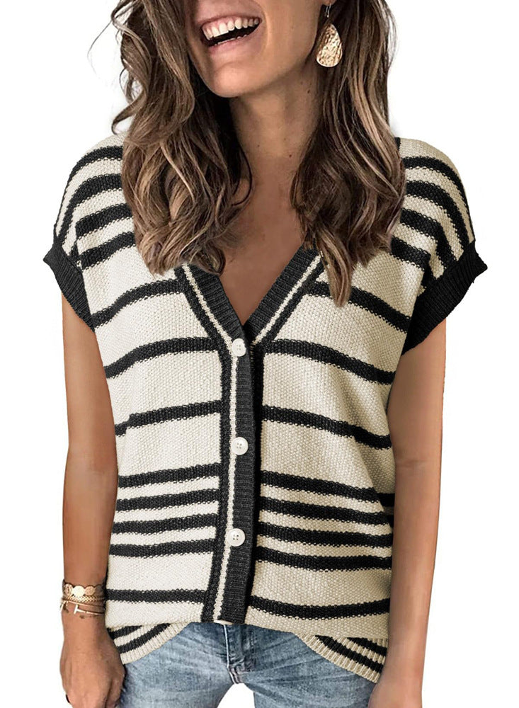 Striped Color Contrast Short Top T-shirt Women's Thin