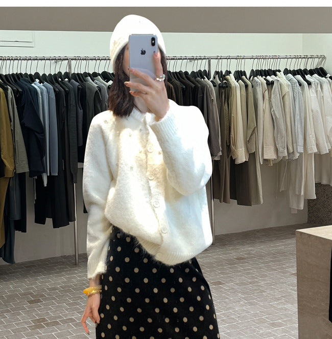 Women's Three-dimensional Pearl Sweater Cardigan Loose Knitted Coat
