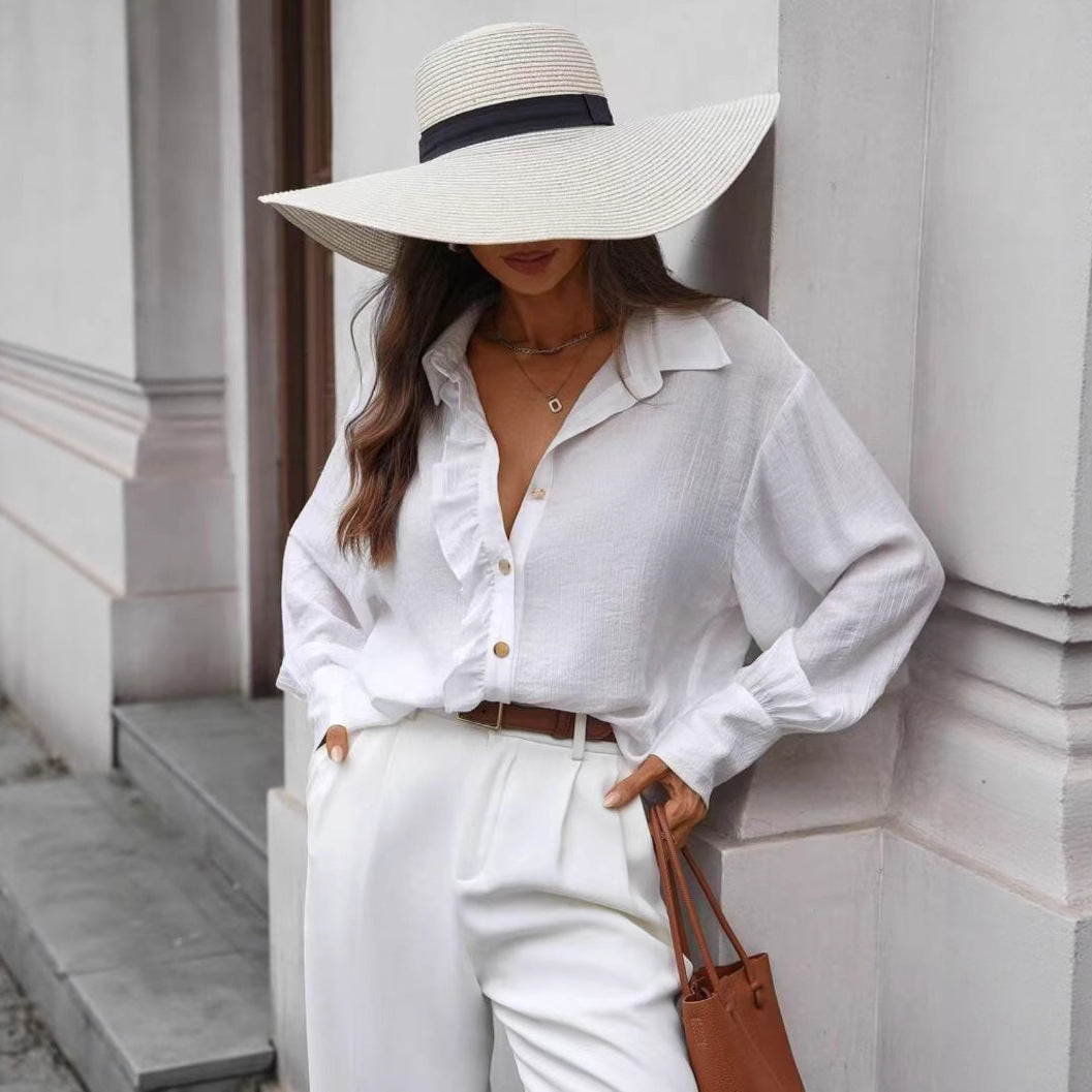 Solid-Color Long-Sleeve Shirt With Front Button Details