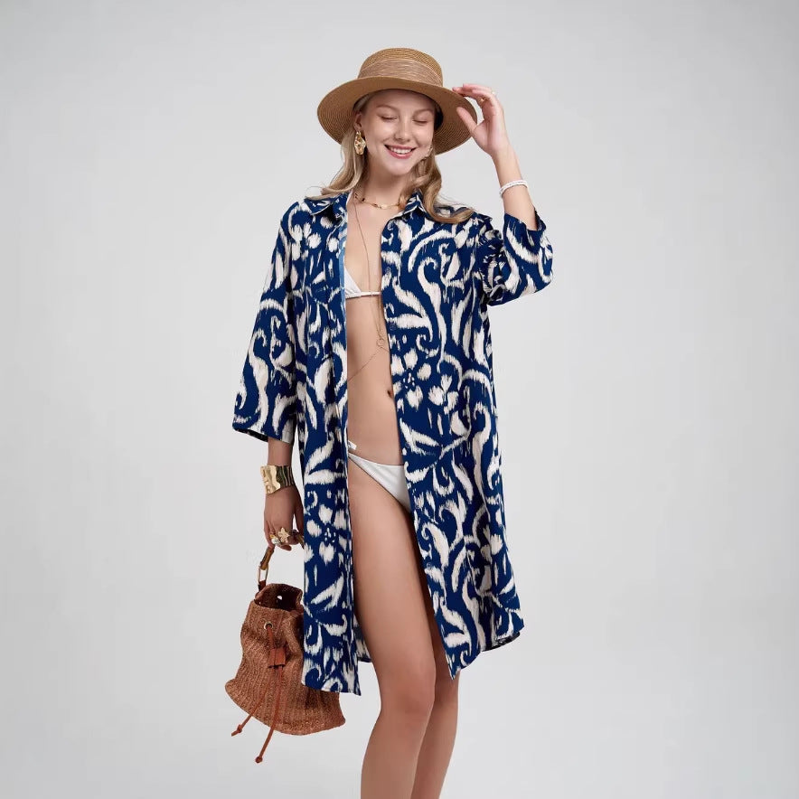 Printed Lapel Single-breasted Cardigan Shirt Dress