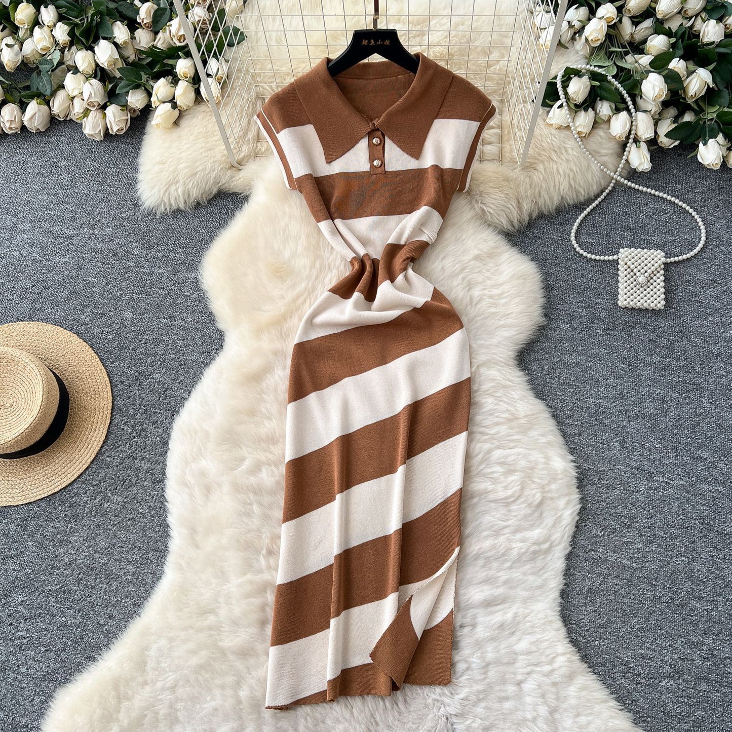Niche Vintage-style Fashion Polo-neck Short-sleeve Contrast-striped Knit Dress