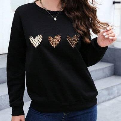 Essnce Leopard Heart Print Drop Shoulder Sweatshirt