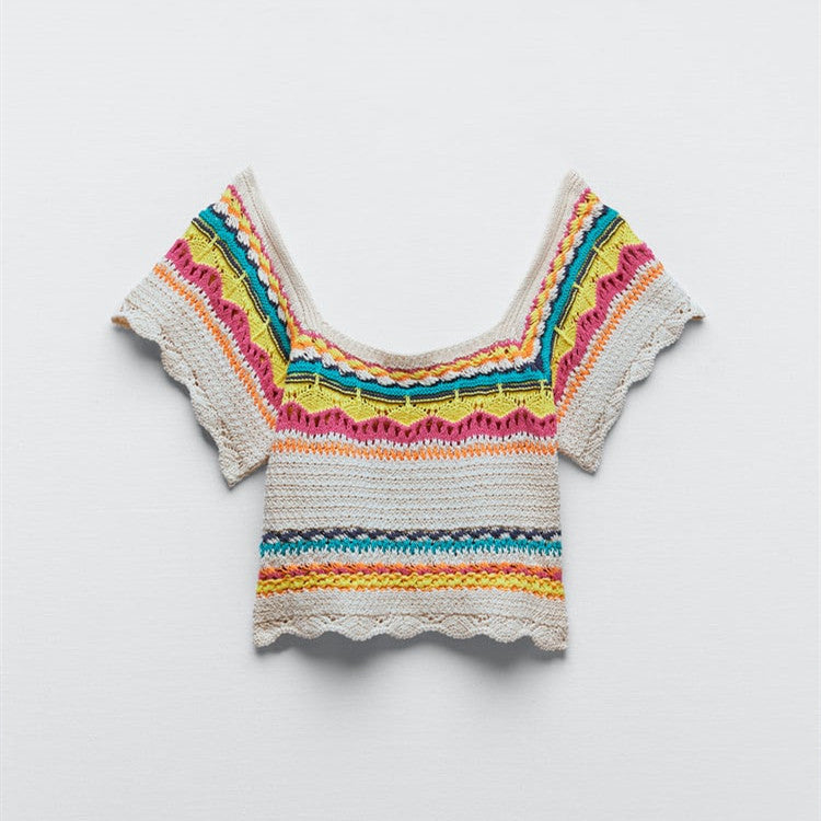 Women's Colorblock Striped Knit Hollow Short Sleeves