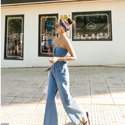 Forår Og Sommer Koreansk Version Tube Top Viser Tynd Brede Ben Ni-punkts Jumpsuit