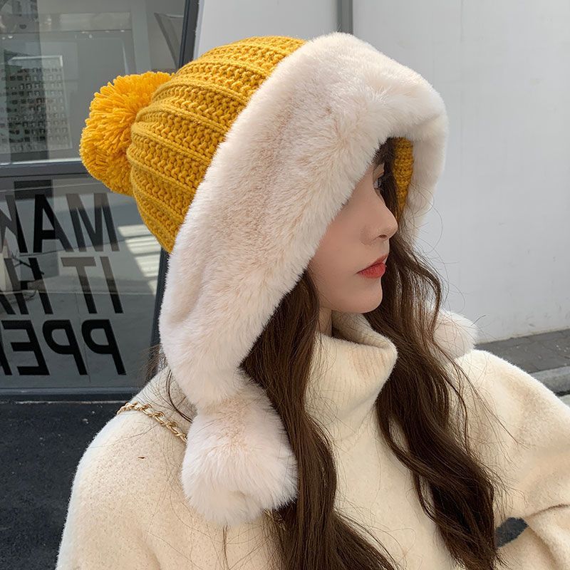 Rabbit Fur Knitted Hat Large Head Fleece Warm