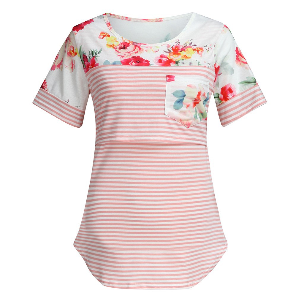 Short Sleeve Striped Printed Patchwork Pocket Round Neck T-shirt