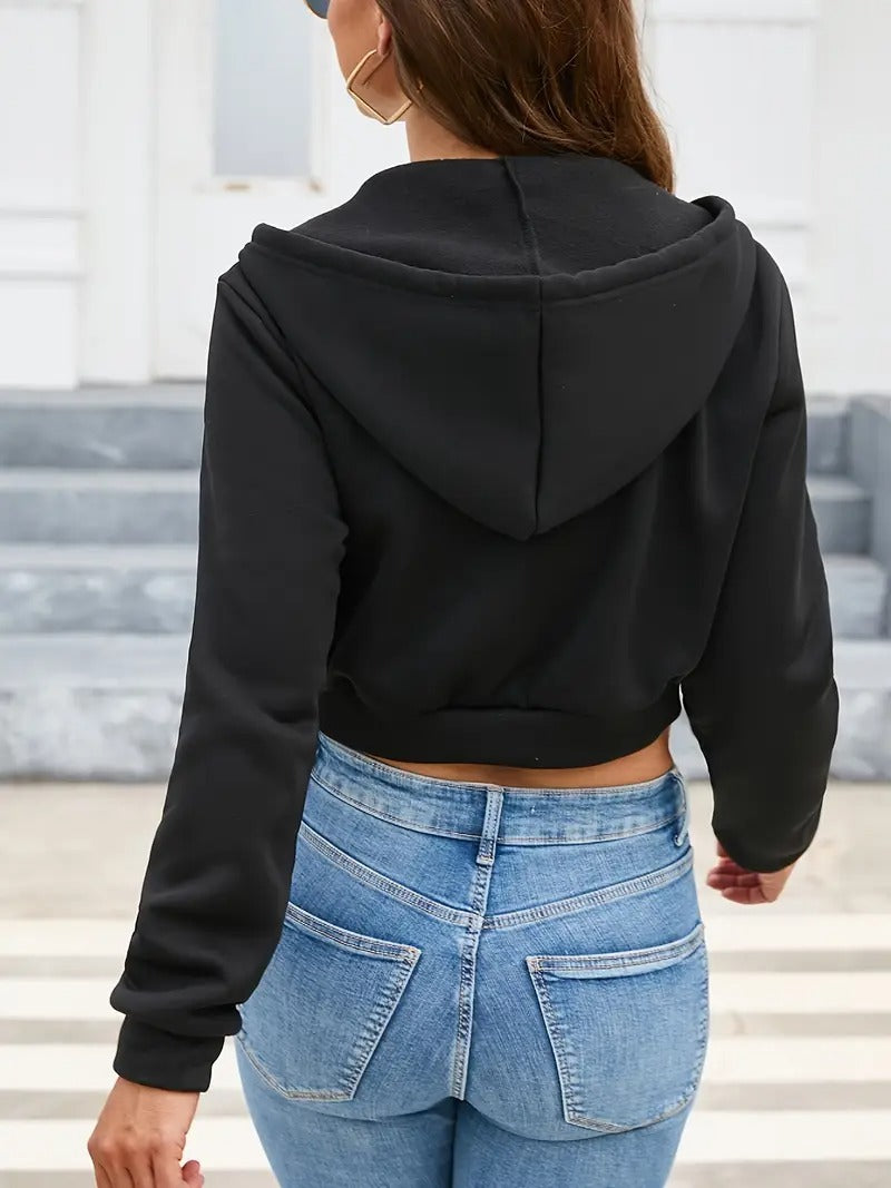 Casual Long Sleeved Drawstring Short Hooded Jacket