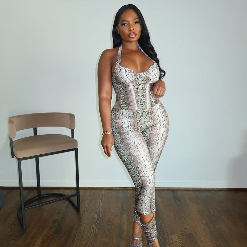 Womens Snake-Print Strappy Bodycon Jumpsuit