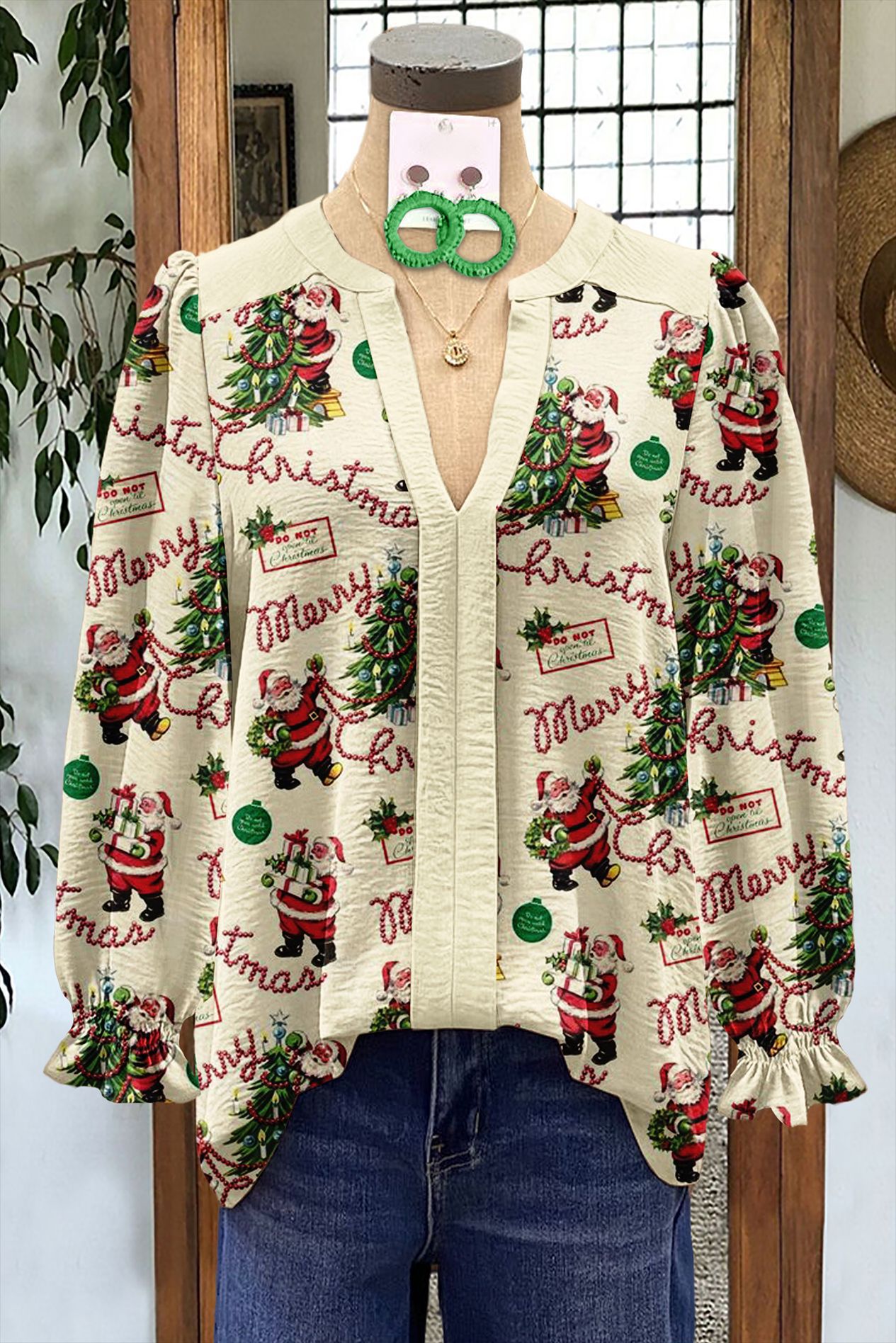 Women's Shirt Loose V-Neck Long Sleeve