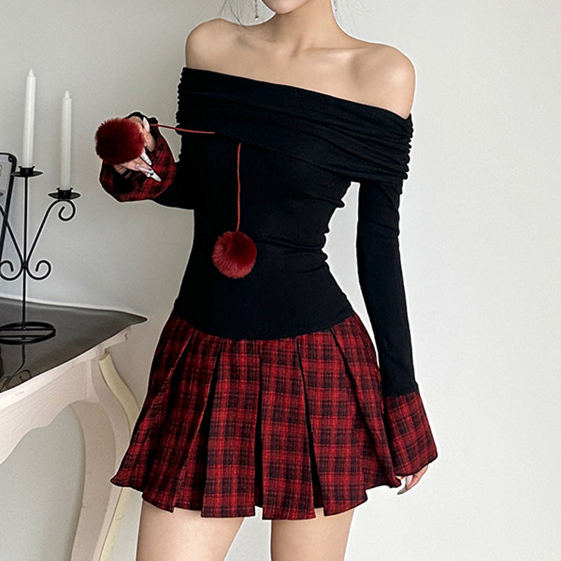 Off-the-shoulder Waist-cinched Figure-flattering Knitted Plaid Pleated Sexy Dress