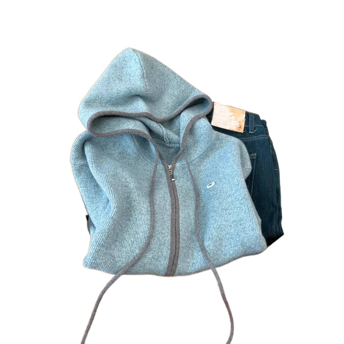 Zipper Hooded Idle Style Knitted Loose Slimming Soft Glutinous Sweater