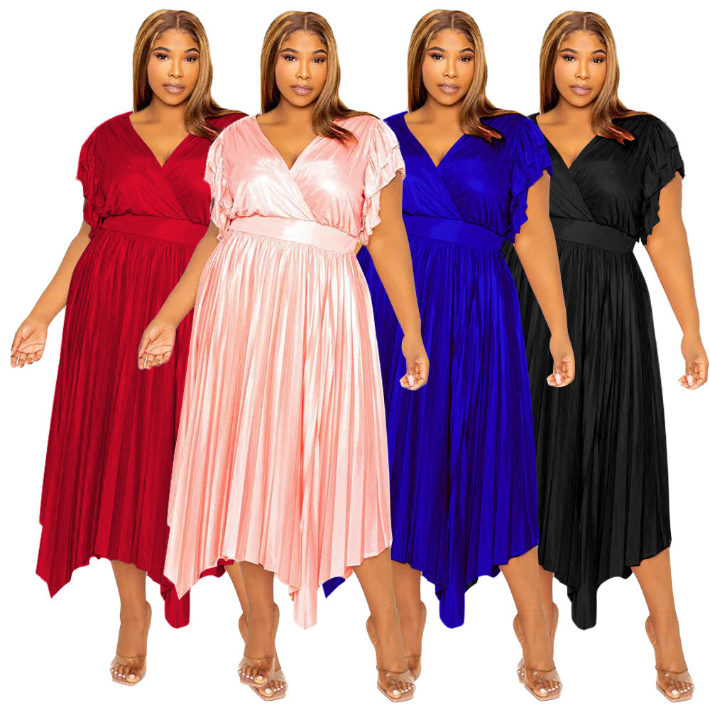 Plus-size Dress With A V-neck Ruffled Sleeves And Pleated Detailing