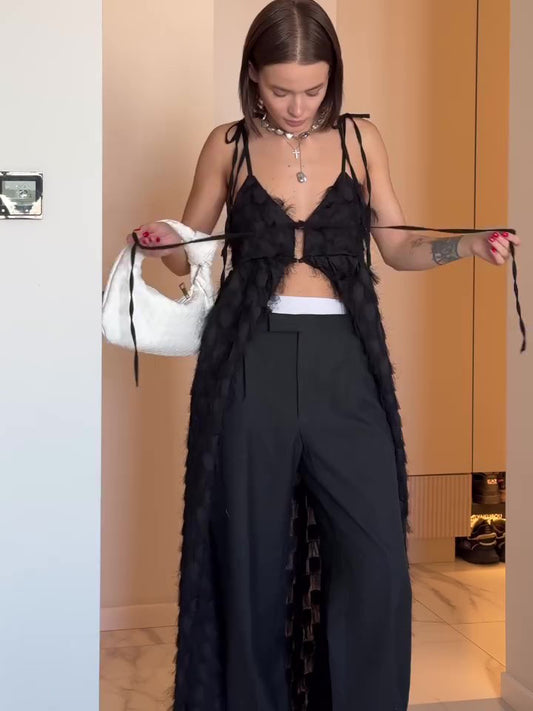 Black Suspender Tassel Tie Long Top