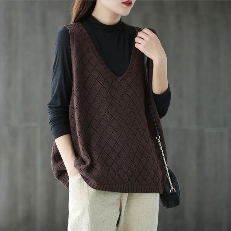 Womens Retro Loose-Neck Hollow-Out Knitted Vest