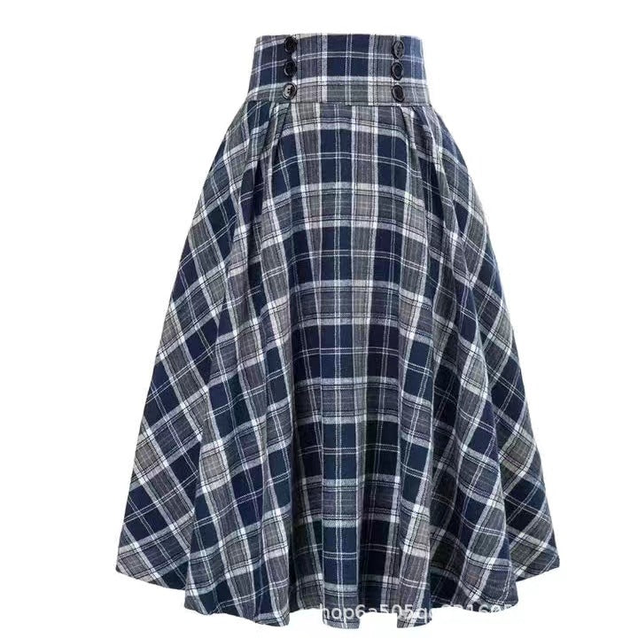 High Waist Plaid Big Hem Skirt Fall Winter Plaid Elastic Waist A- Line Skirt