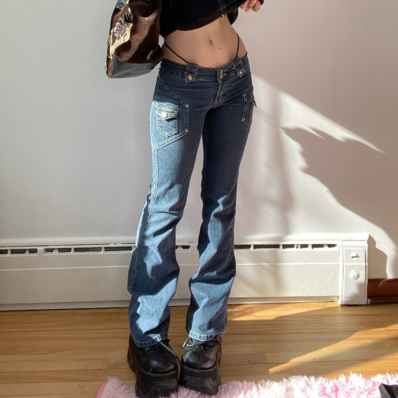 Low Rise Button Pocket Panel Trousers Jeans