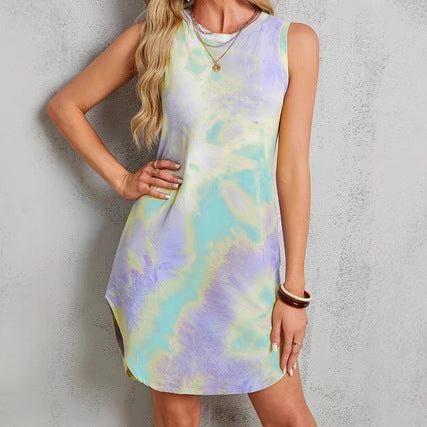 Sleeveless European And American-style Colorful Tank Top Womens Crew-neck Tie-dye Slip Dress
