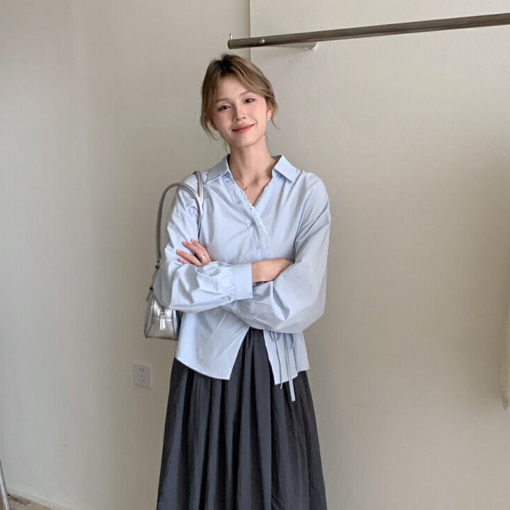 Womens Solid-Color Korean-Style French-Elegance Lace-Trimmed Shirt